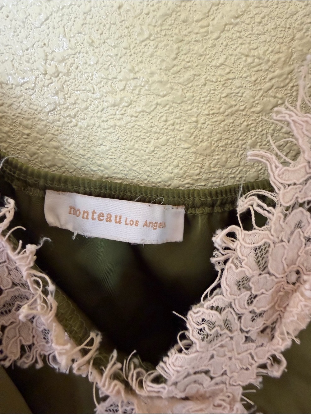 Monteau Olive Satin Cami with Cream Lace Trim - Picture 3 of 3